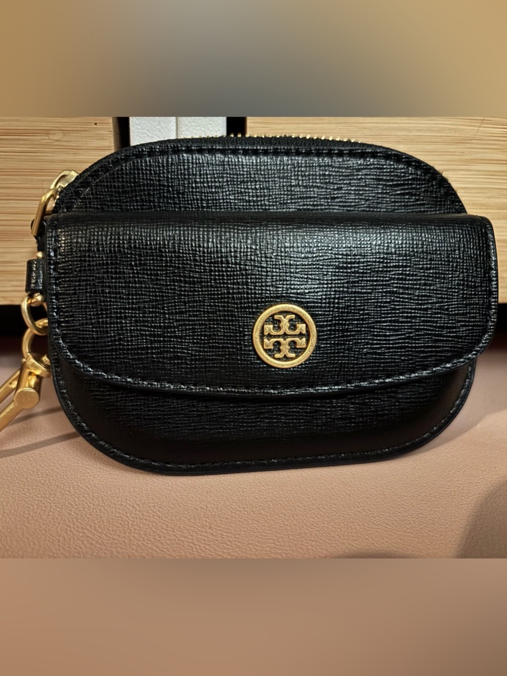 Tory Burch Black Leather Mini Wallet with Gold Logo